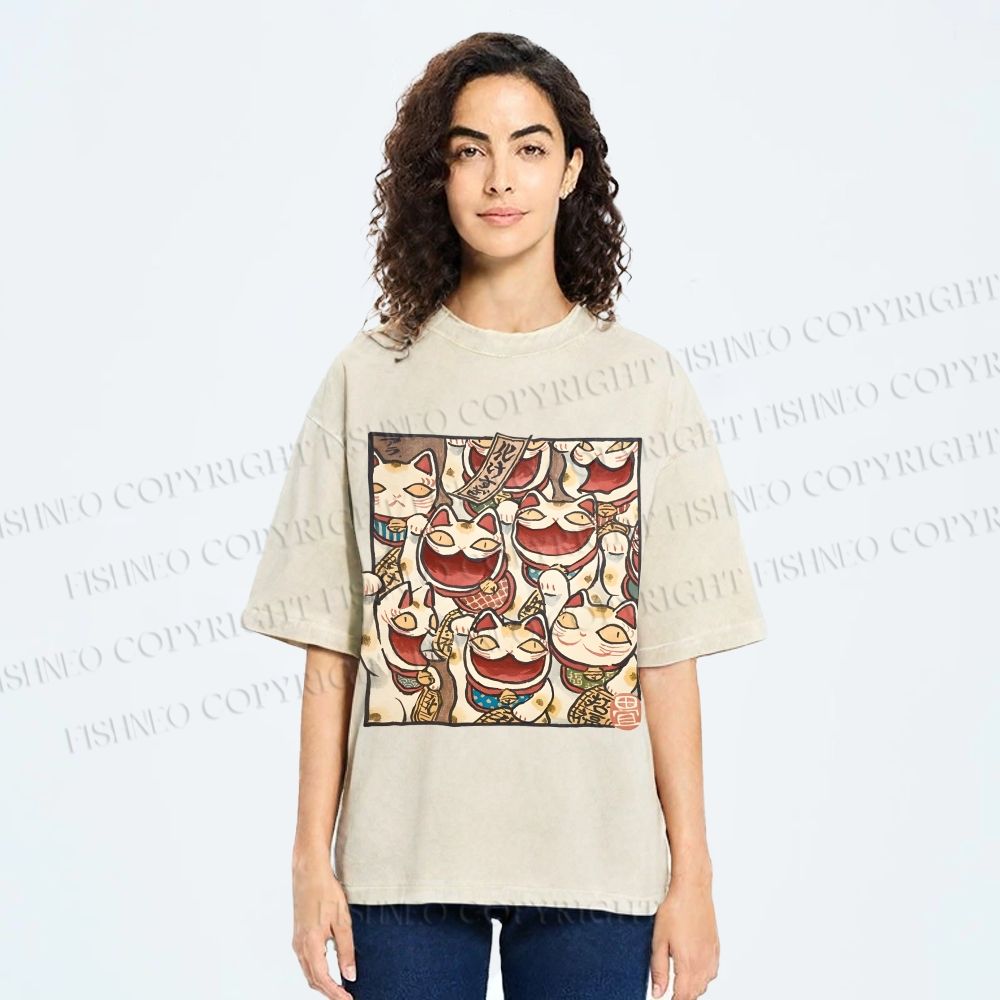 Unisex Japanese Fortune Cats Printed Washed Tee