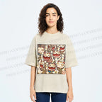 Unisex Japanese Fortune Cats Printed Washed Tee