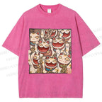 Unisex Japanese Fortune Cats Printed Washed Tee