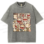 Unisex Japanese Fortune Cats Printed Washed Tee