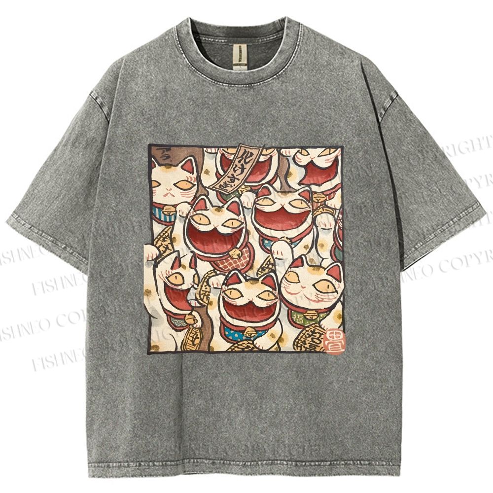 Unisex Japanese Fortune Cats Printed Washed Tee