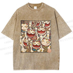 Unisex Japanese Fortune Cats Printed Washed Tee