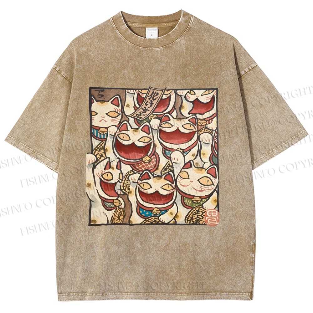 Unisex Japanese Fortune Cats Printed Washed Tee