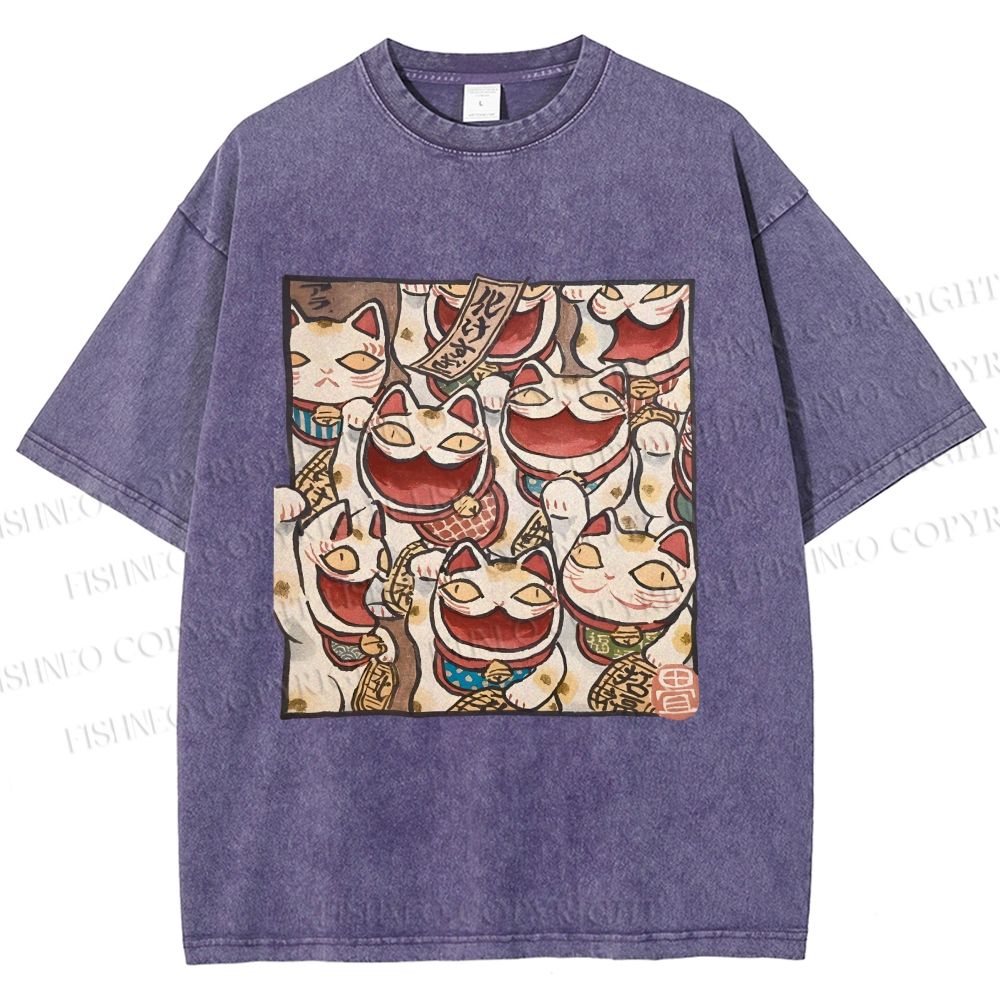 Unisex Japanese Fortune Cats Printed Washed Tee