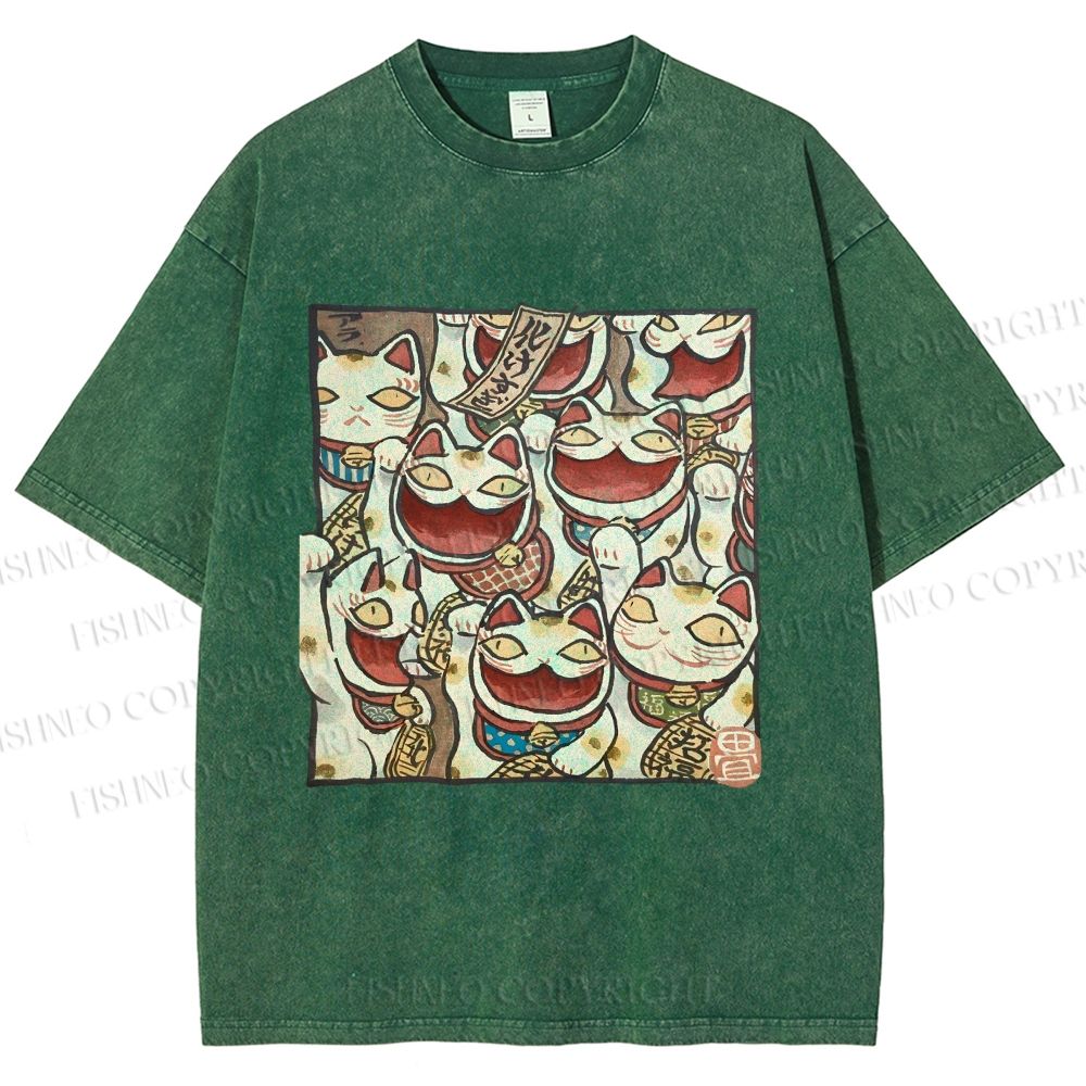 Unisex Japanese Fortune Cats Printed Washed Tee