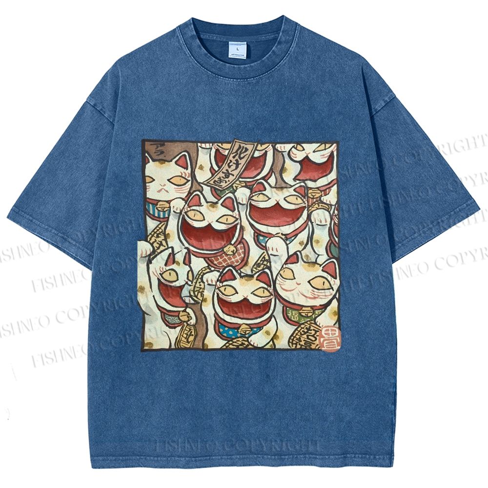 Unisex Japanese Fortune Cats Printed Washed Tee