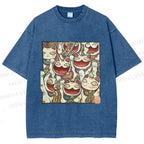 Unisex Japanese Fortune Cats Printed Washed Tee