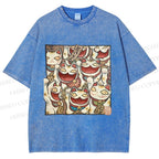 Unisex Japanese Fortune Cats Printed Washed Tee