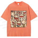 Unisex Japanese Fortune Cats Printed Washed Tee