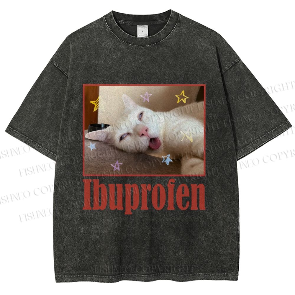 Unisex Ibuprofen Cat Printed Washed Tee