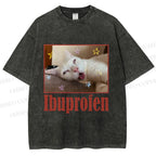 Unisex Ibuprofen Cat Printed Washed Tee