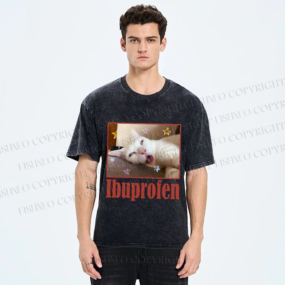 Unisex Ibuprofen Cat Printed Washed Tee