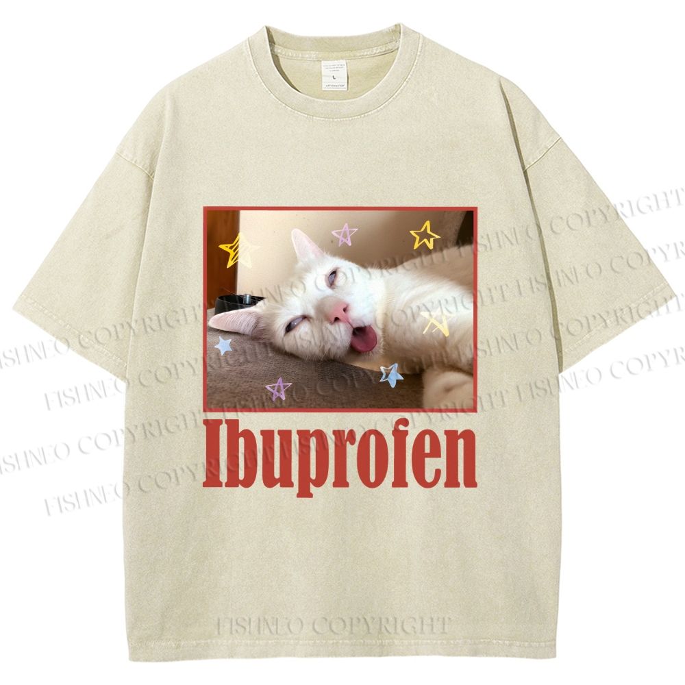 Unisex Ibuprofen Cat Printed Washed Tee