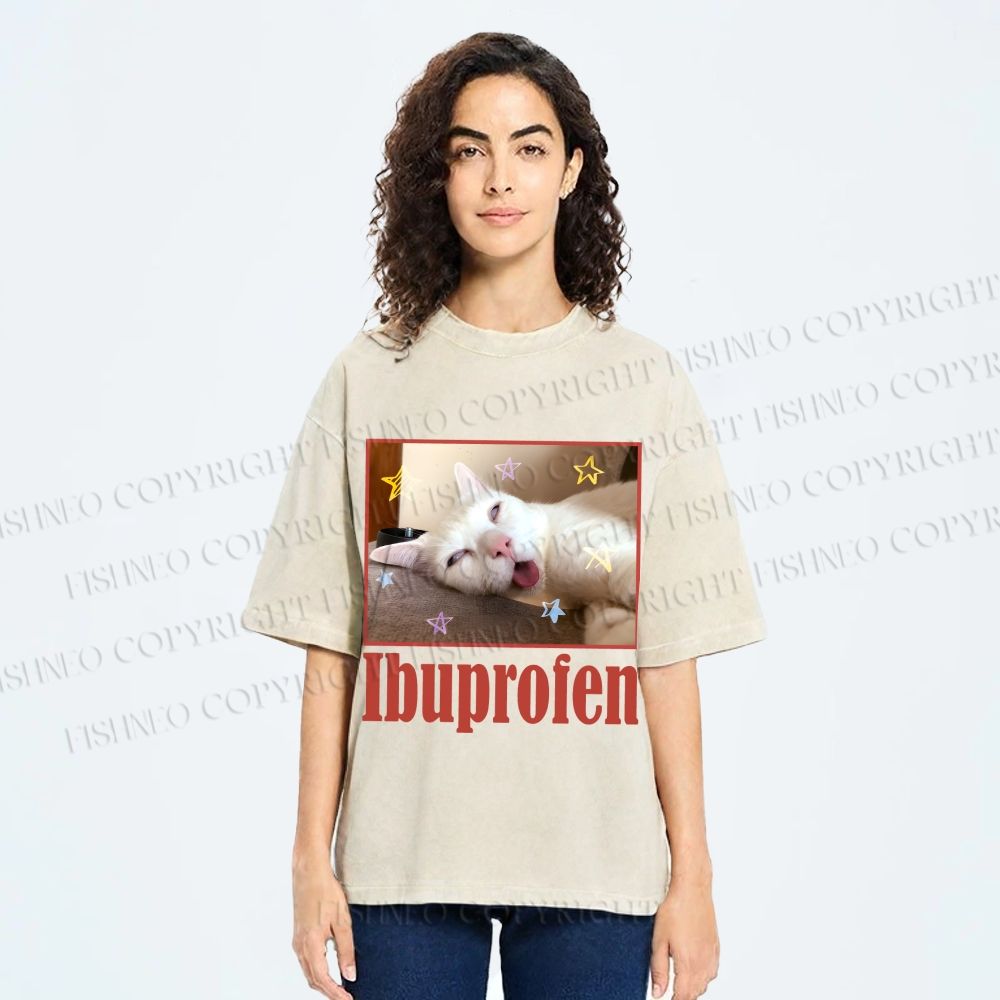 Unisex Ibuprofen Cat Printed Washed Tee