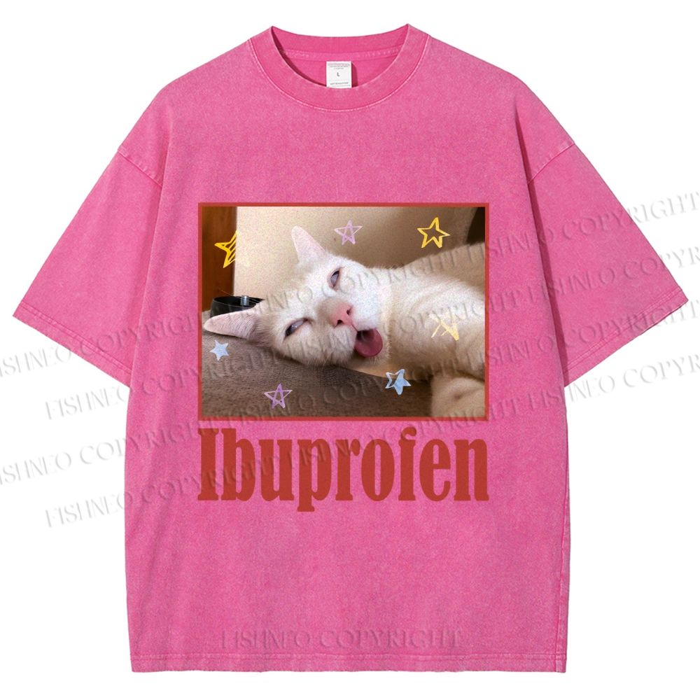 Unisex Ibuprofen Cat Printed Washed Tee