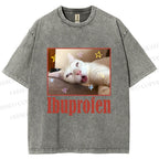 Unisex Ibuprofen Cat Printed Washed Tee