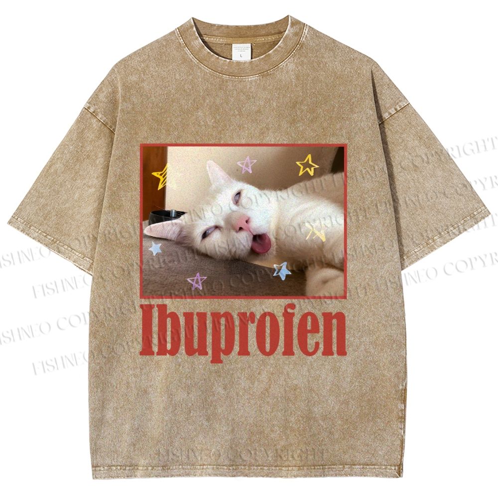 Unisex Ibuprofen Cat Printed Washed Tee