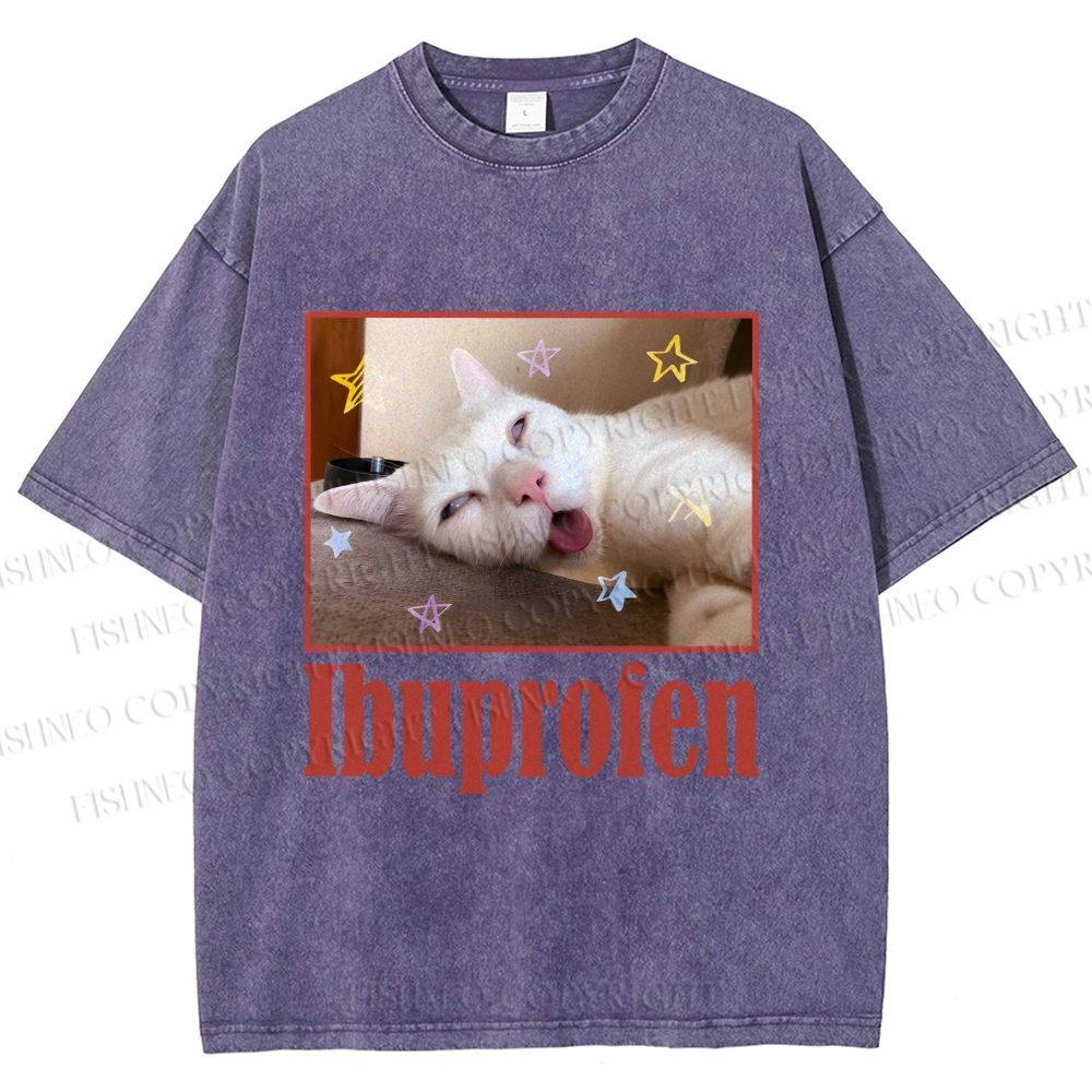 Unisex Ibuprofen Cat Printed Washed Tee