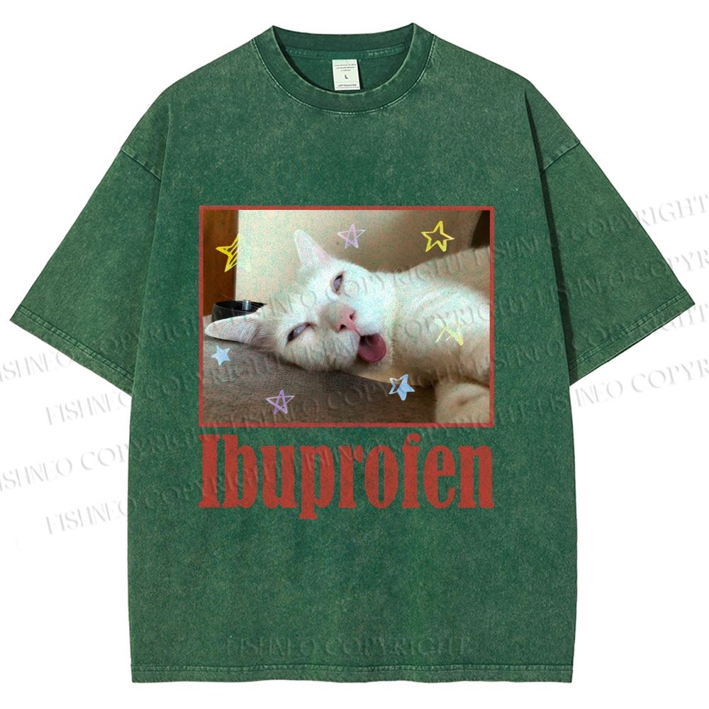 Unisex Ibuprofen Cat Printed Washed Tee