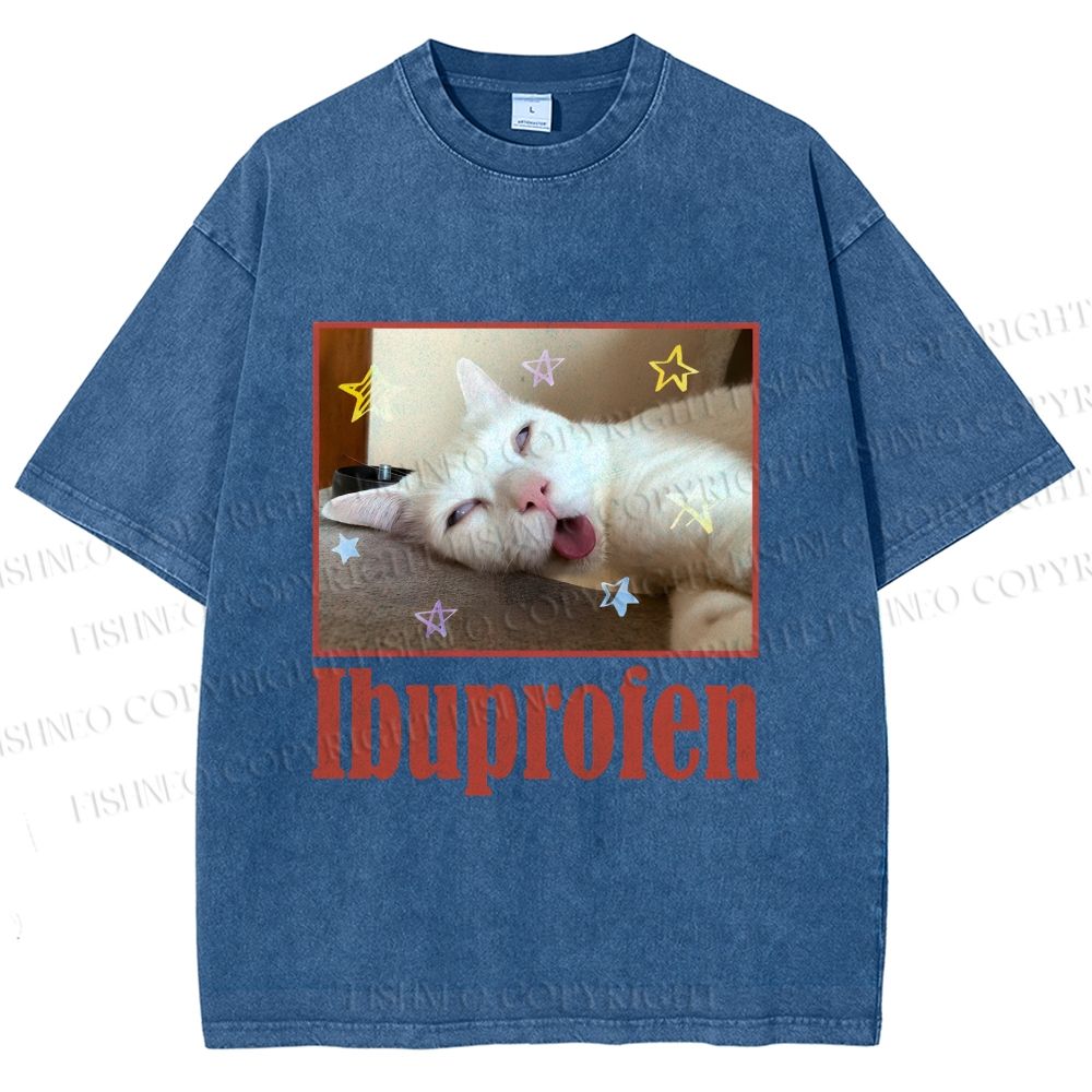 Unisex Ibuprofen Cat Printed Washed Tee