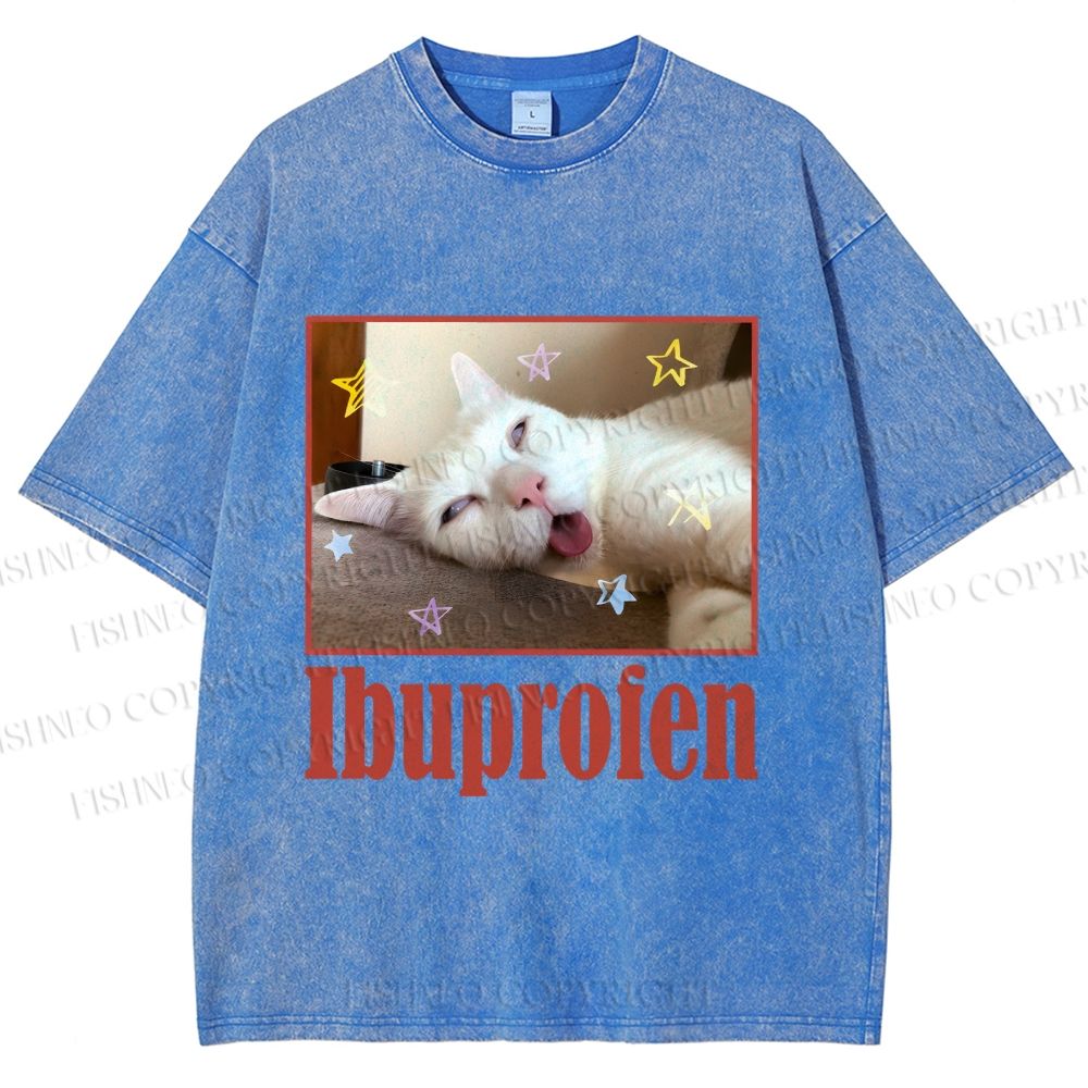 Unisex Ibuprofen Cat Printed Washed Tee