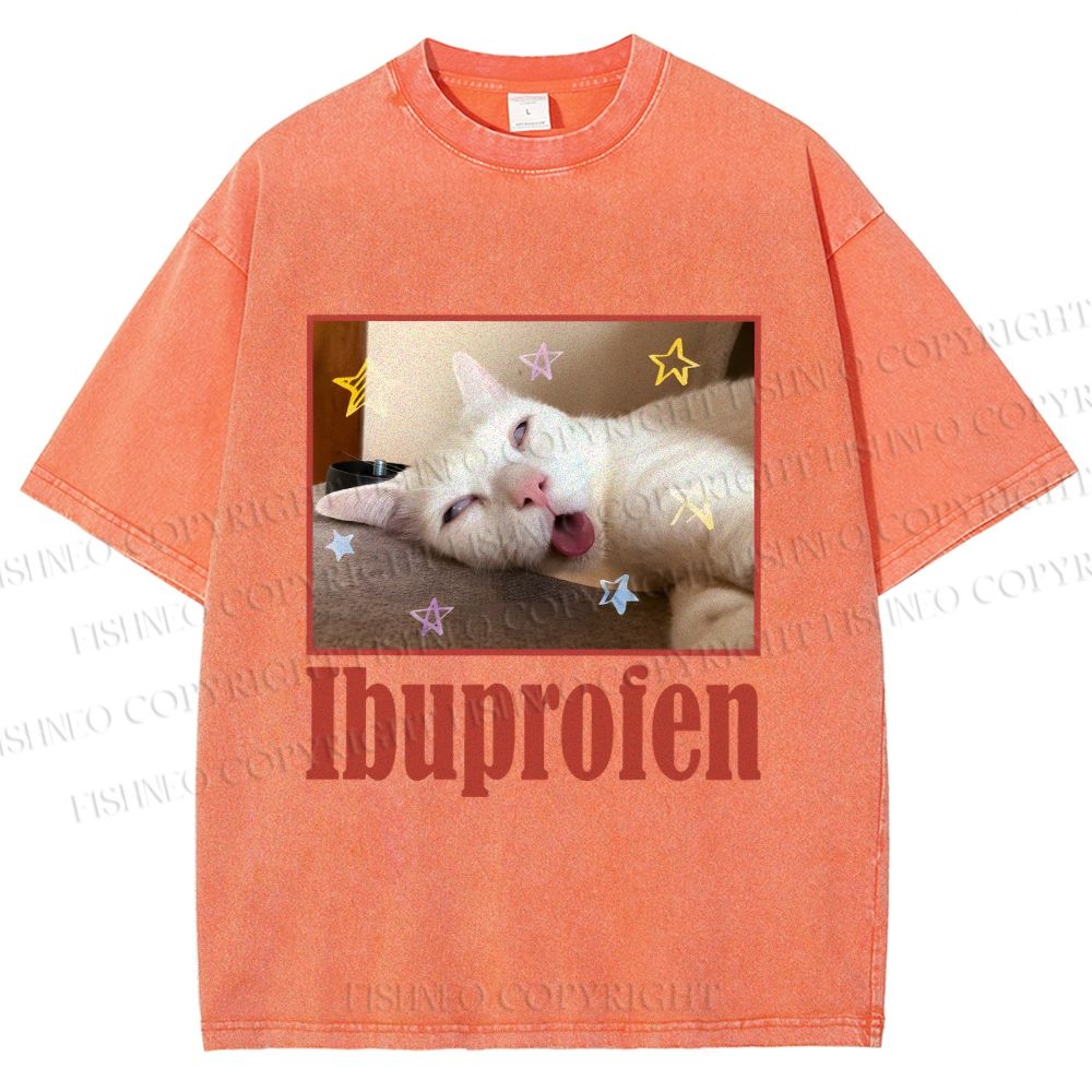 Unisex Ibuprofen Cat Printed Washed Tee