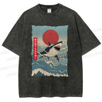Unisex Japanese Ukiyo-e Wave Shark Printed Washed Tee