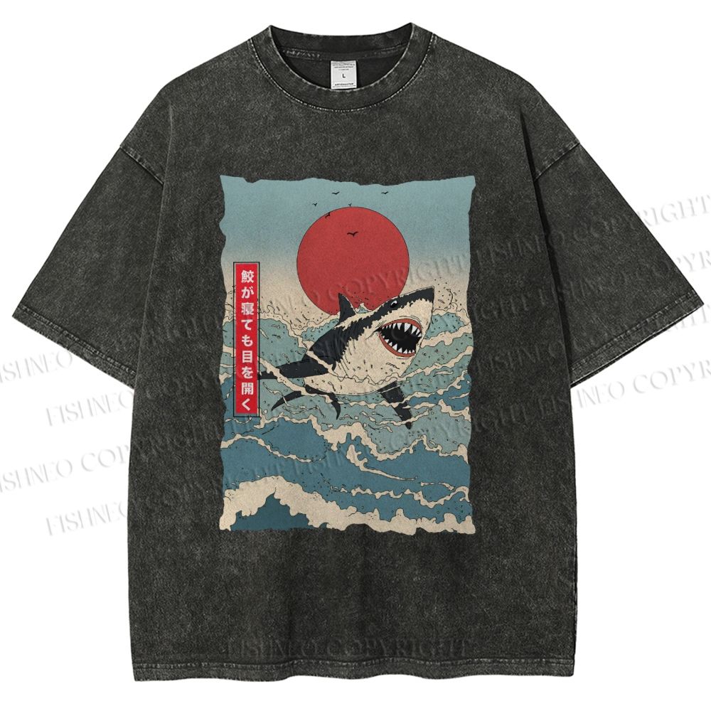 Unisex Japanese Ukiyo-e Wave Shark Printed Washed Tee