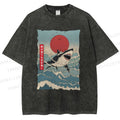 Unisex Japanese Ukiyo-e Wave Shark Printed Washed Tee