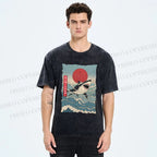 Unisex Japanese Ukiyo-e Wave Shark Printed Washed Tee