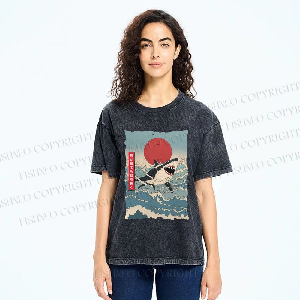 Unisex Japanese Ukiyo-e Wave Shark Printed Washed Tee