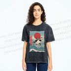 Unisex Japanese Ukiyo-e Wave Shark Printed Washed Tee