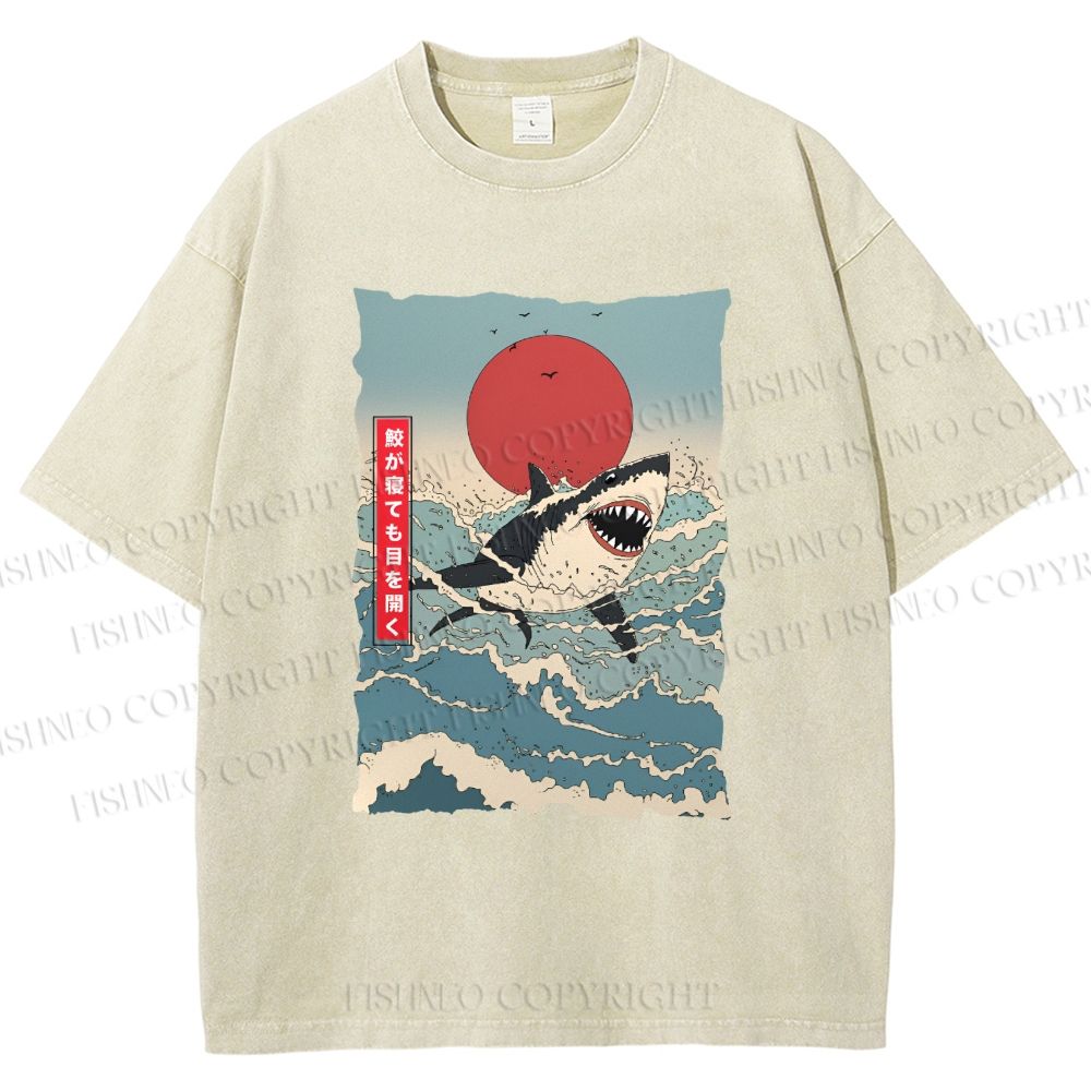 Unisex Japanese Ukiyo-e Wave Shark Printed Washed Tee