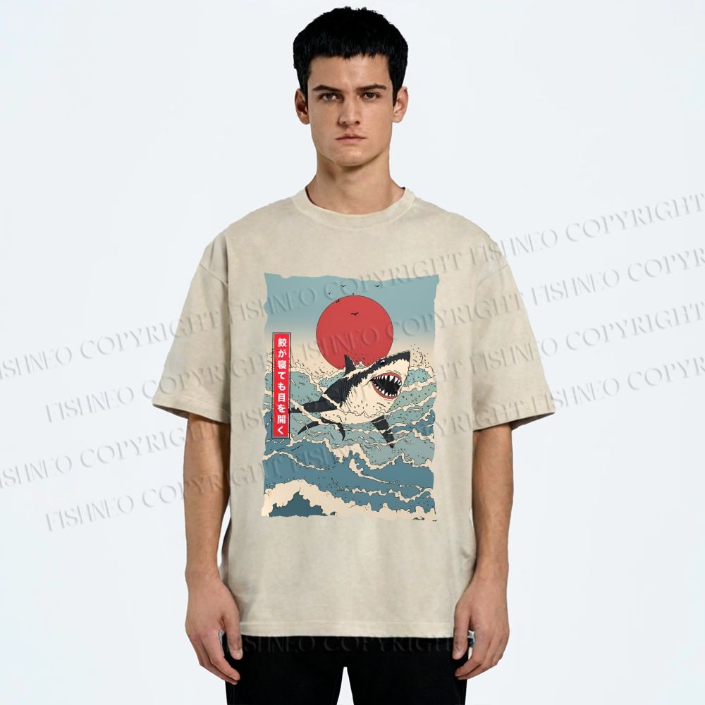 Unisex Japanese Ukiyo-e Wave Shark Printed Washed Tee
