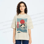 Unisex Japanese Ukiyo-e Wave Shark Printed Washed Tee