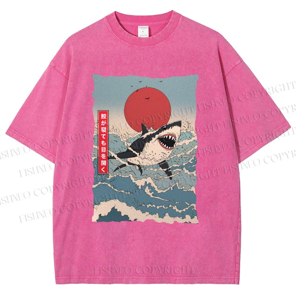 Unisex Japanese Ukiyo-e Wave Shark Printed Washed Tee