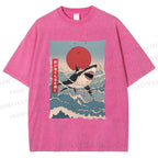 Unisex Japanese Ukiyo-e Wave Shark Printed Washed Tee