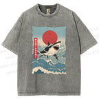 Unisex Japanese Ukiyo-e Wave Shark Printed Washed Tee