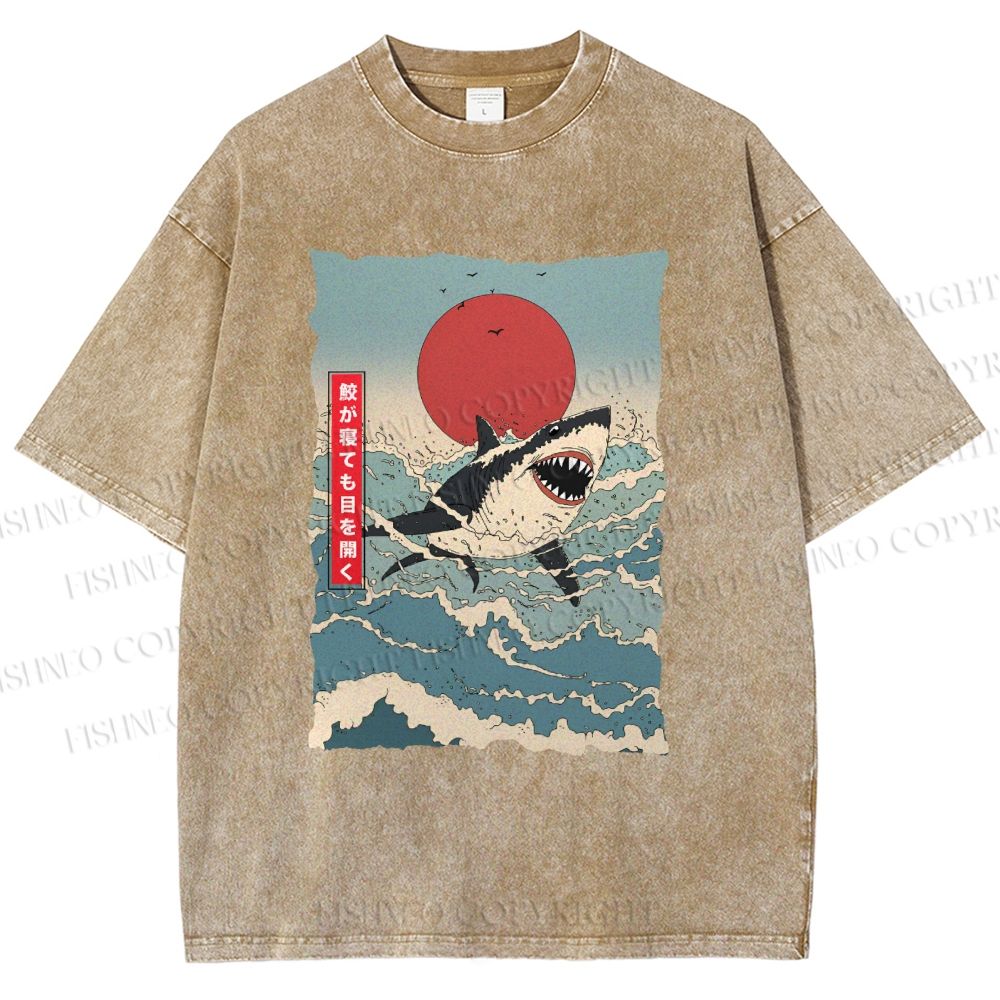 Unisex Japanese Ukiyo-e Wave Shark Printed Washed Tee