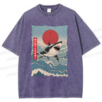 Unisex Japanese Ukiyo-e Wave Shark Printed Washed Tee