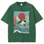 Unisex Japanese Ukiyo-e Wave Shark Printed Washed Tee