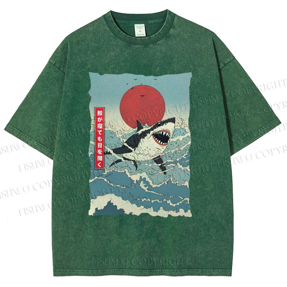 Unisex Japanese Ukiyo-e Wave Shark Printed Washed Tee