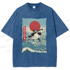 Unisex Japanese Ukiyo-e Wave Shark Printed Washed Tee