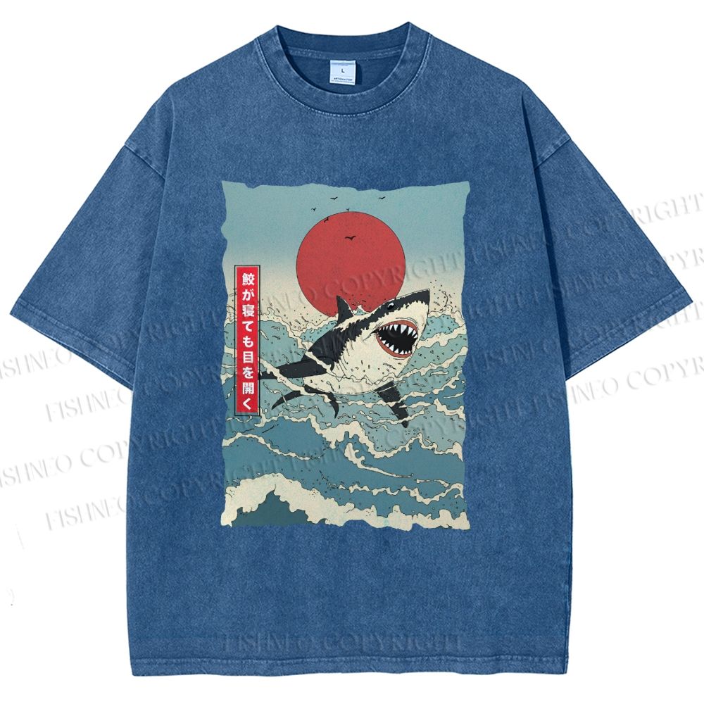 Unisex Japanese Ukiyo-e Wave Shark Printed Washed Tee