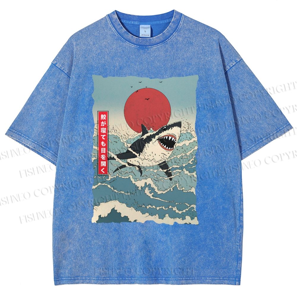 Unisex Japanese Ukiyo-e Wave Shark Printed Washed Tee