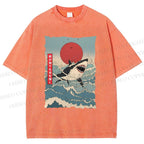 Unisex Japanese Ukiyo-e Wave Shark Printed Washed Tee