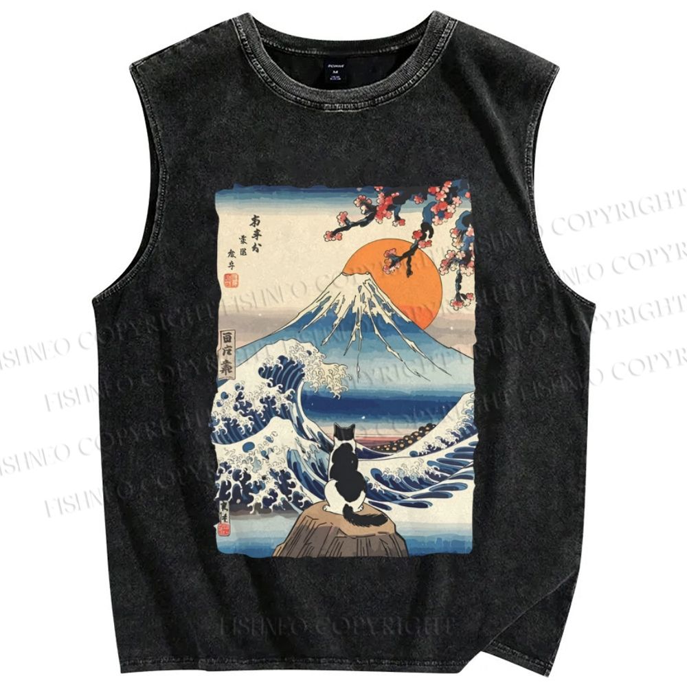 Unisex Japanese Ukiyo-e Wave Mount Fuji Cat Printed Washed Tank Top