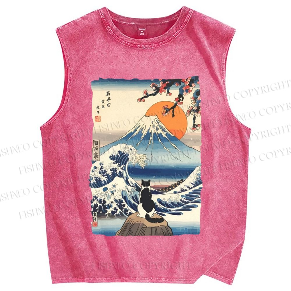 Unisex Japanese Ukiyo-e Wave Mount Fuji Cat Printed Washed Tank Top