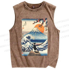 Unisex Japanese Ukiyo-e Wave Mount Fuji Cat Printed Washed Tank Top