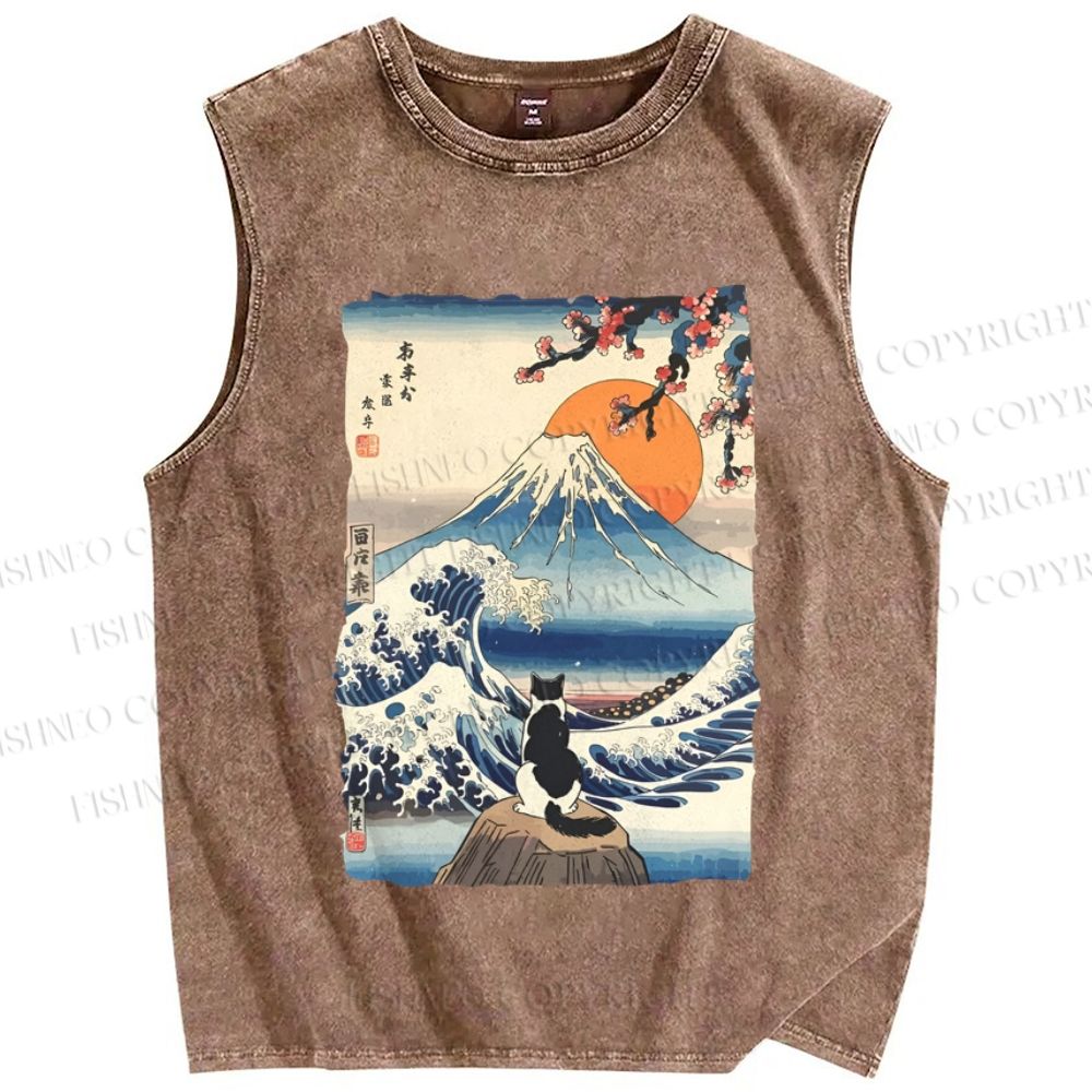 Unisex Japanese Ukiyo-e Wave Mount Fuji Cat Printed Washed Tank Top